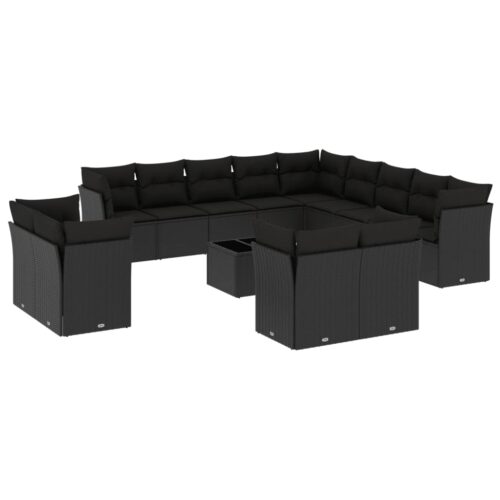 14-Piece Garden Sofa Set with Cushions Black Poly Rattan Wicker Outdoor Patio Furniture