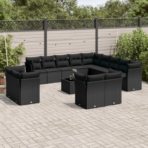 14-Piece Garden Sofa Set with Cushions Black Poly Rattan Wicker Outdoor Patio Furniture - Image 2