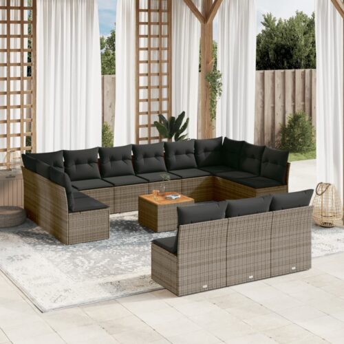 14-Piece Garden Sofa Set with Cushions Grey Poly Rattan Wicker Outdoor Patio Furniture - Image 2