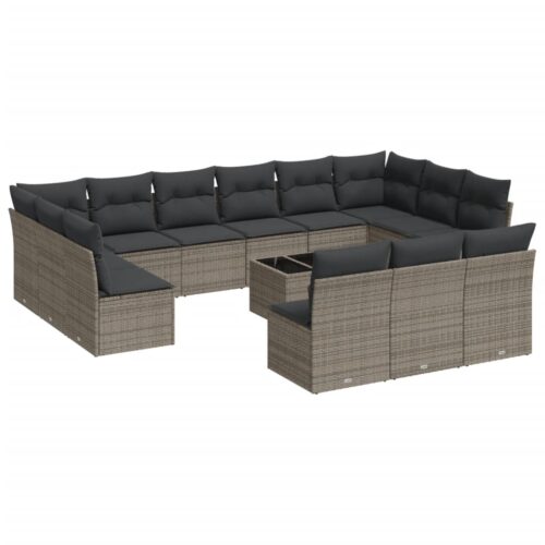 14-Piece Garden Sofa Set with Cushions Grey Poly Rattan Wicker Outdoor Patio Furniture