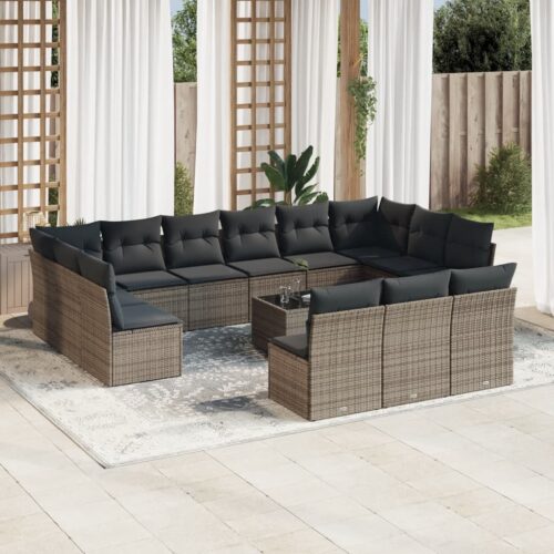 14-Piece Garden Sofa Set with Cushions Grey Poly Rattan Wicker Outdoor Patio Furniture - Image 2