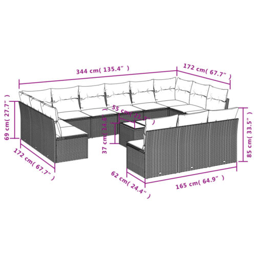 14-Piece Garden Sofa Set with Cushions Grey Poly Rattan Wicker Outdoor Patio Furniture - Image 3