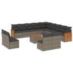 14-Piece Garden Sofa Set with Cushions Grey Poly Rattan Wicker Outdoor Patio Furniture