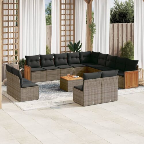 14-Piece Garden Sofa Set with Cushions Grey Poly Rattan Wicker Outdoor Patio Furniture - Image 2