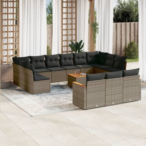 14-Piece Garden Sofa Set with Cushions Grey Poly Rattan Wicker Outdoor Patio Furniture - Image 2