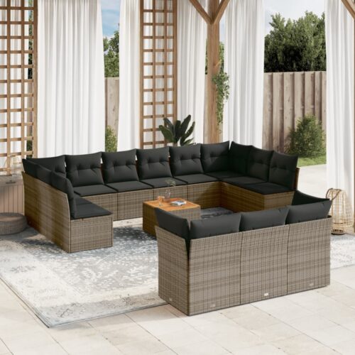 14-Piece Garden Sofa Set with Cushions Grey Poly Rattan Wicker Outdoor Patio Furniture - Image 2