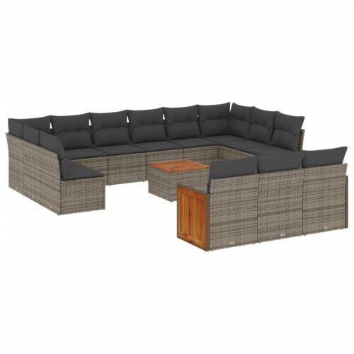14-Piece Garden Sofa Set with Cushions Grey Poly Rattan Wicker Outdoor Patio Furniture