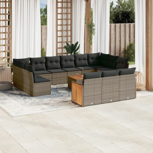 14-Piece Garden Sofa Set with Cushions Grey Poly Rattan Wicker Outdoor Patio Furniture - Image 2