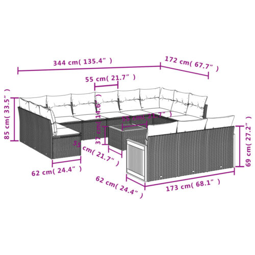 14-Piece Garden Sofa Set with Cushions Grey Poly Rattan Wicker Outdoor Patio Furniture - Image 7