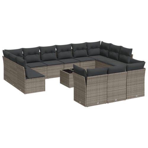 14-Piece Garden Sofa Set with Cushions Grey Poly Rattan Wicker Outdoor Patio Furniture
