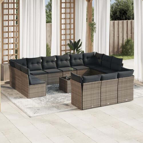 14-Piece Garden Sofa Set with Cushions Grey Poly Rattan Wicker Outdoor Patio Furniture - Image 2