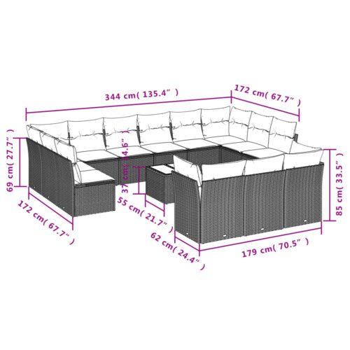 14-Piece Garden Sofa Set with Cushions Grey Poly Rattan Wicker Outdoor Patio Furniture - Image 3