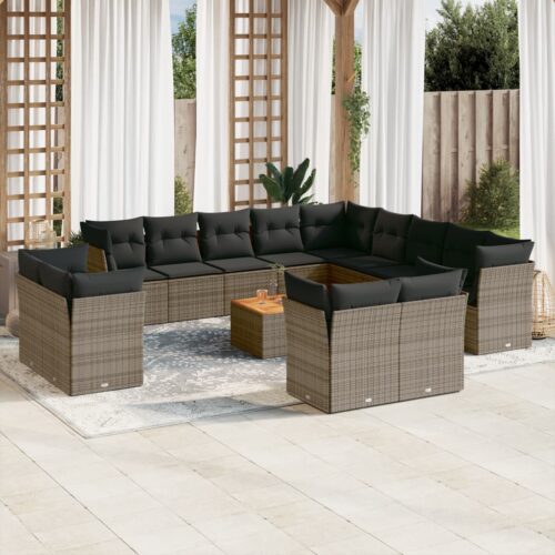 14-Piece Garden Sofa Set with Cushions Grey Poly Rattan Wicker Outdoor Patio Furniture - Image 2