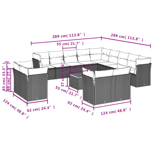 14-Piece Garden Sofa Set with Cushions Grey Poly Rattan Wicker Outdoor Patio Furniture - Image 10