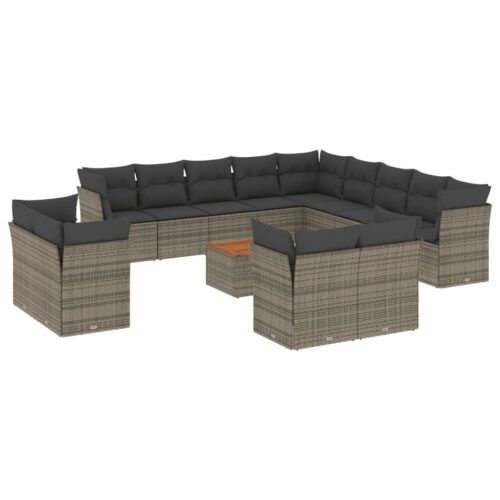 14-Piece Garden Sofa Set with Cushions Grey Poly Rattan Wicker Outdoor Patio Furniture - Image 14
