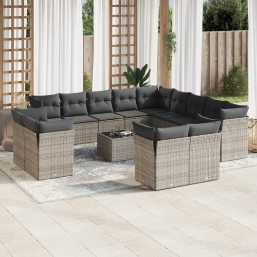 14-Piece Garden Sofa Set with Cushions Grey Poly Rattan Wicker Outdoor Patio Furniture - Image 2