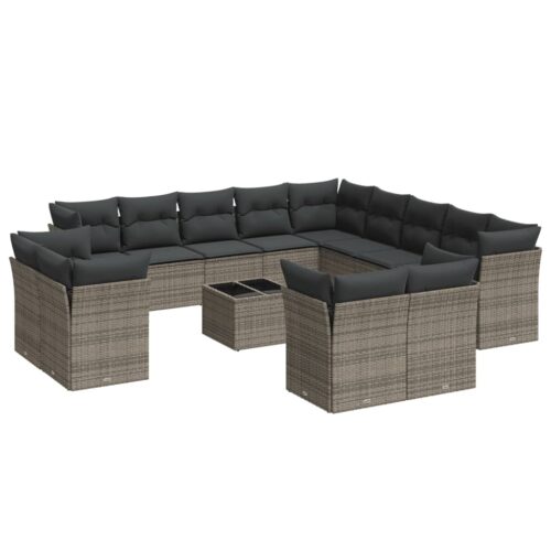 14-Piece Garden Sofa Set with Cushions Grey Poly Rattan Wicker Outdoor Patio Furniture - Image 5