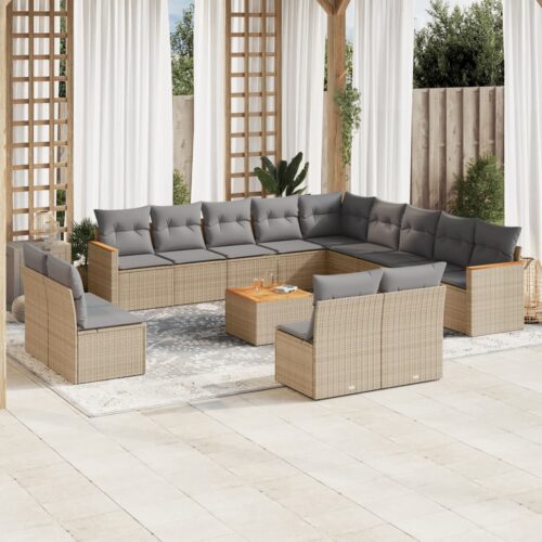 14-Piece Garden Sofa Set with Cushions Mix Beige Poly Rattan Wicker Outdoor Patio Furniture - Image 2