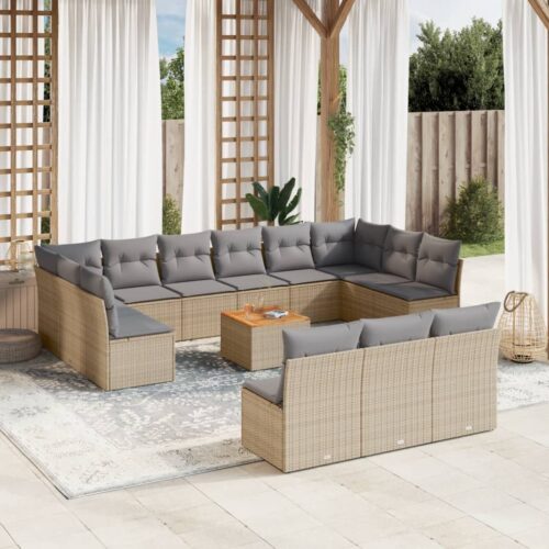 14-Piece Garden Sofa Set with Cushions Mix Beige Poly Rattan Wicker Outdoor Patio Furniture - Image 2