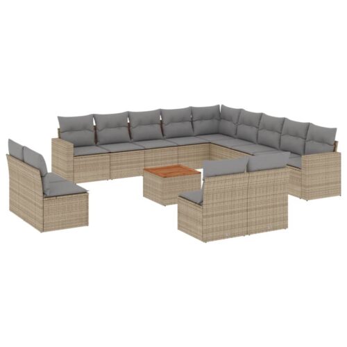 14-Piece Garden Sofa Set with Cushions Mix Beige Poly Rattan Wicker Outdoor Patio Furniture