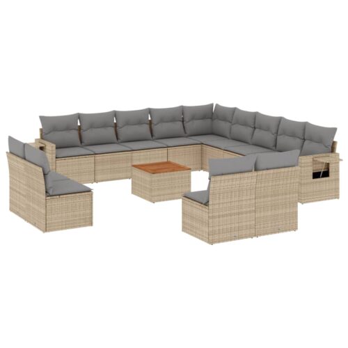 14-Piece Garden Sofa Set with Cushions Mix Beige Poly Rattan Wicker Outdoor Patio Furniture