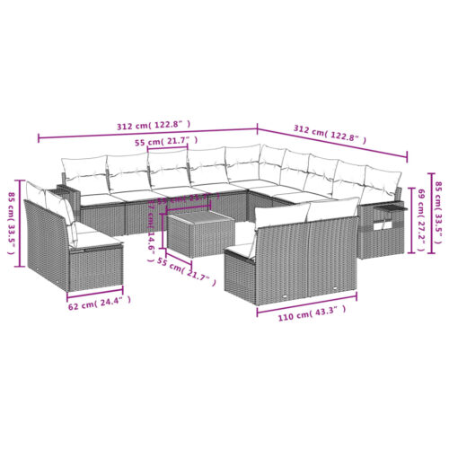 14-Piece Garden Sofa Set with Cushions Mix Beige Poly Rattan Wicker Outdoor Patio Furniture - Image 3