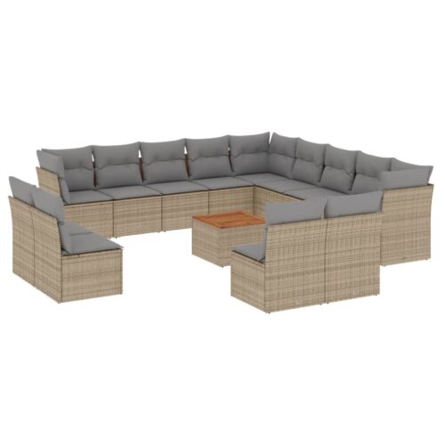 14-Piece Garden Sofa Set with Cushions Mix Beige Poly Rattan Wicker Outdoor Patio Furniture - Image 14