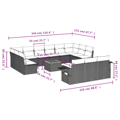 14-Piece Garden Sofa Set with Cushions Mix Beige Poly Rattan Wicker Outdoor Patio Furniture - Image 3