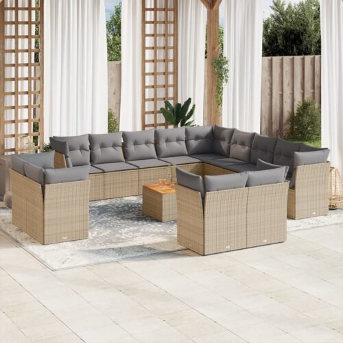 14-Piece Garden Sofa Set with Cushions Mix Beige Poly Rattan Wicker Outdoor Patio Furniture - Image 2