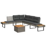 2-Piece Garden Sofa Set with Cushions Grey Poly Rattan Wicker Outdoor Patio Furniture Acacia