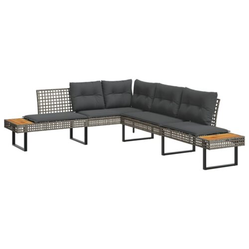 2-Piece Garden Sofa Set with Cushions Grey Poly Rattan Wicker Outdoor Patio Furniture Acacia - Image 3