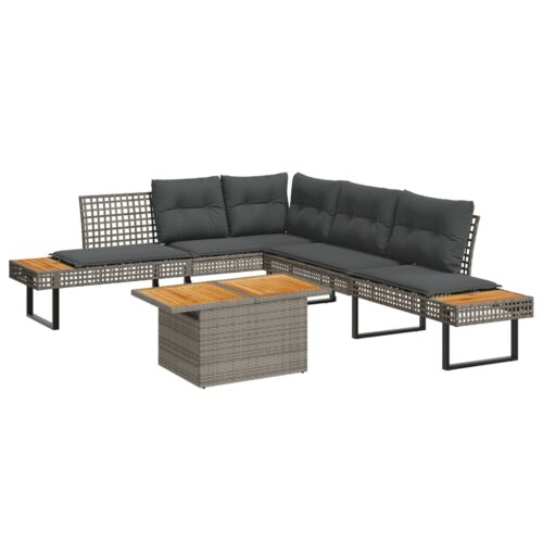 2-Piece Garden Sofa Set with Cushions Grey Poly Rattan Wicker Outdoor Patio Furniture Acacia
