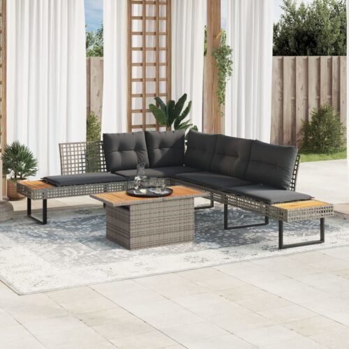 2-Piece Garden Sofa Set with Cushions Grey Poly Rattan Wicker Outdoor Patio Furniture Acacia - Image 10