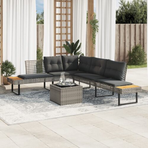 2-Piece Garden Sofa Set with Cushions Grey Poly Rattan Wicker Outdoor Patio Furniture Glass - Image 9