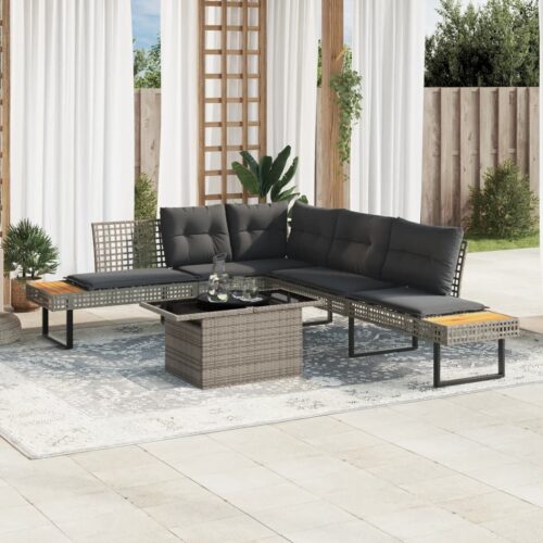 2-Piece Garden Sofa Set with Cushions Grey Poly Rattan Wicker Outdoor Patio Furniture Glass - Image 10