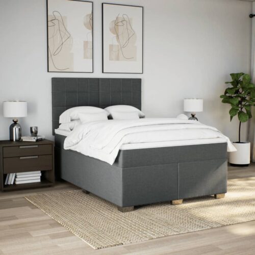 Bed Frame with Mattress & Topper Set Fabric Spring Base Dark Grey Queen