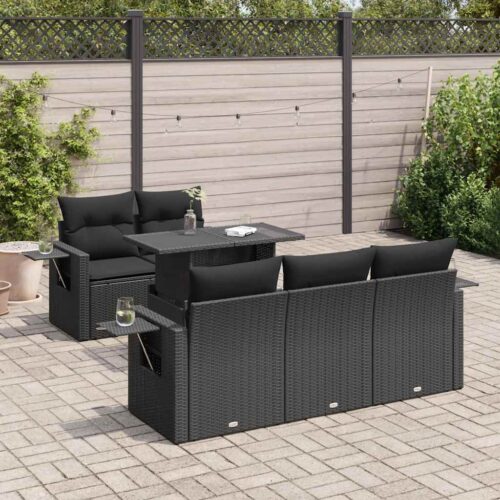 6-Piece Garden Sofa Set with Cushions Black Poly Rattan - Image 2