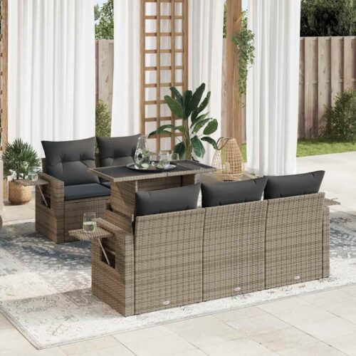 6-Piece Garden Sofa Set with Cushions Grey Poly Rattan - Image 2