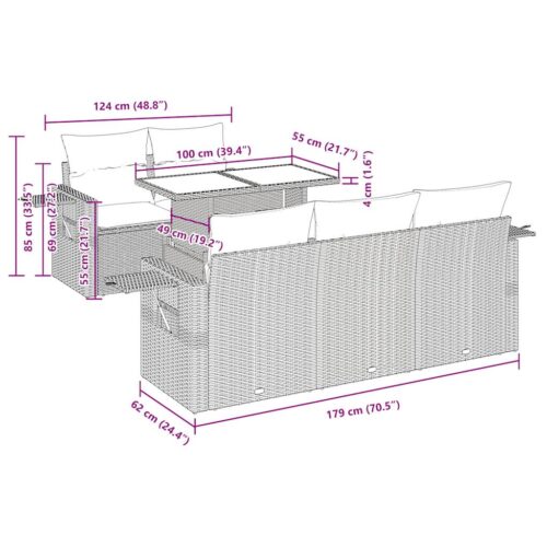 6-Piece Garden Sofa Set with Cushions Grey Poly Rattan - Image 12