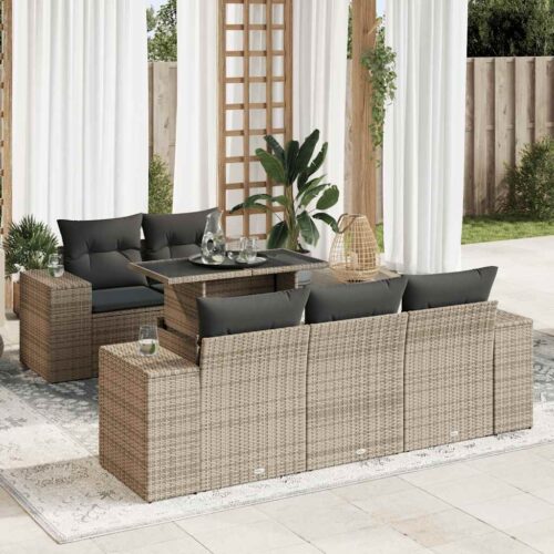 6-Piece Garden Sofa Set with Cushions Grey Poly Rattan - Image 2