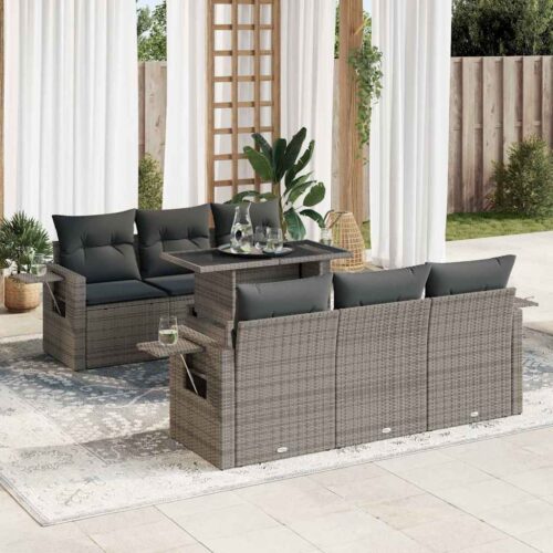 7-Piece Garden Sofa Set with Cushions Grey Poly Rattan - Image 2