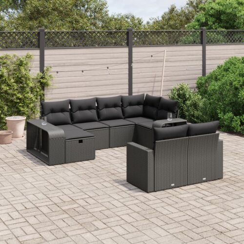 10-Piece Garden Sofa Set with Cushions Black Poly Rattan - Image 2