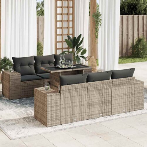 7-Piece Garden Sofa Set with Cushions Grey Poly Rattan - Image 2