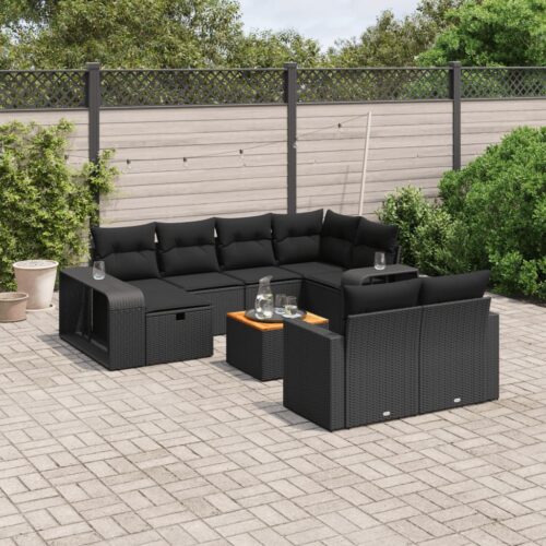 11-Piece Garden Sofa Set with Cushions Black Poly Rattan - Image 2