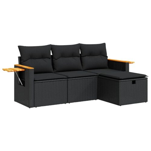 4-Piece Garden Sofa Set with Cushions Black Poly Rattan