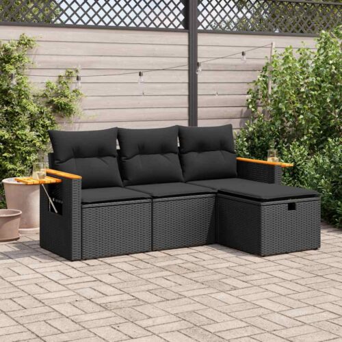 4-Piece Garden Sofa Set with Cushions Black Poly Rattan - Image 2