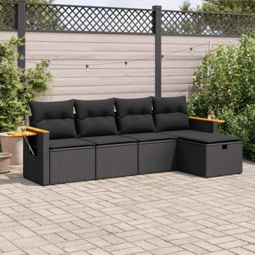 5-Piece Garden Sofa Set with Cushions Black Poly Rattan - Image 2
