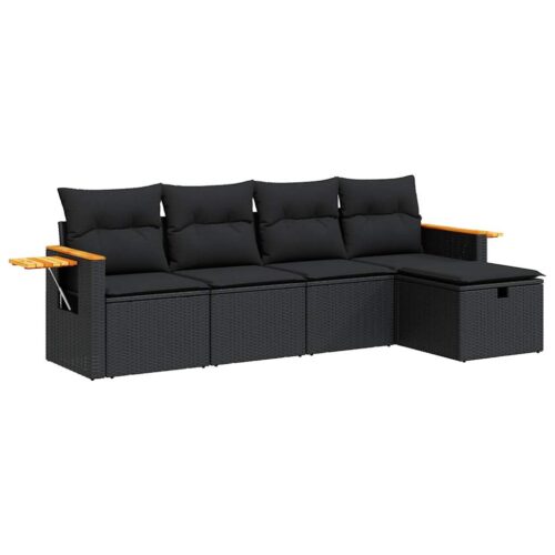 5-Piece Garden Sofa Set with Cushions Black Poly Rattan - Image 13