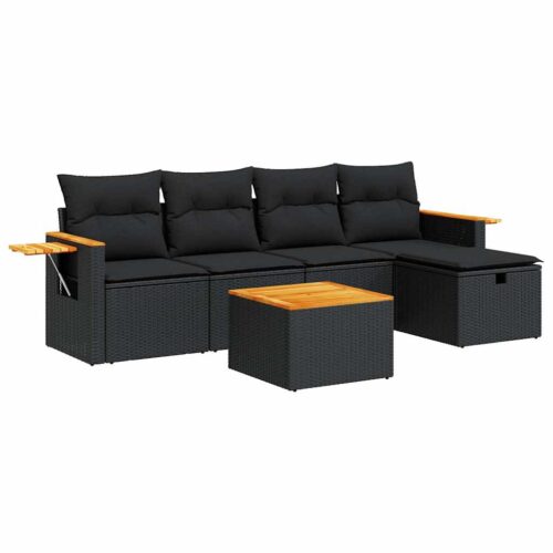 6-Piece Garden Sofa Set with Cushions Black Poly Rattan