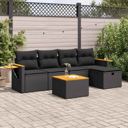 6-Piece Garden Sofa Set with Cushions Black Poly Rattan - Image 2